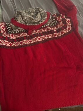 Christopher & Banks Red Fair Isle Turtleneck Sweater with Gray Cowl